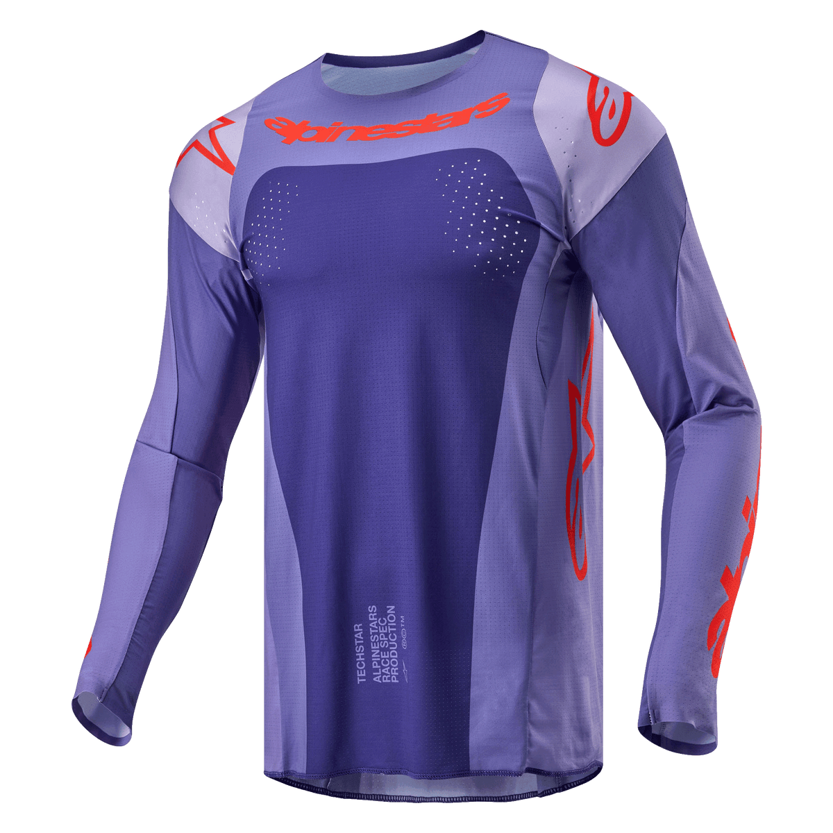 Maillot Alpinestars Techstar Ocuri 2024, maillot de motocross, pourpre et orange vif, coupe athlétique à manches longues avec perforations découpées au laser, marquage orange vif sur la poitrine et les manches, poly-tissu évacuant l'humidité pour la course tout-terrain