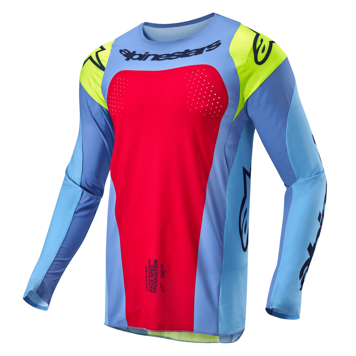Maillot Alpinestars Techstar Ocuri 2024, maillot de motocross, bleu clair avec des accents rouge berry et jaune fluo, logos noirs et perforations découpées au laser pour la ventilation, coupe athlétique pour la performance tout-terrain