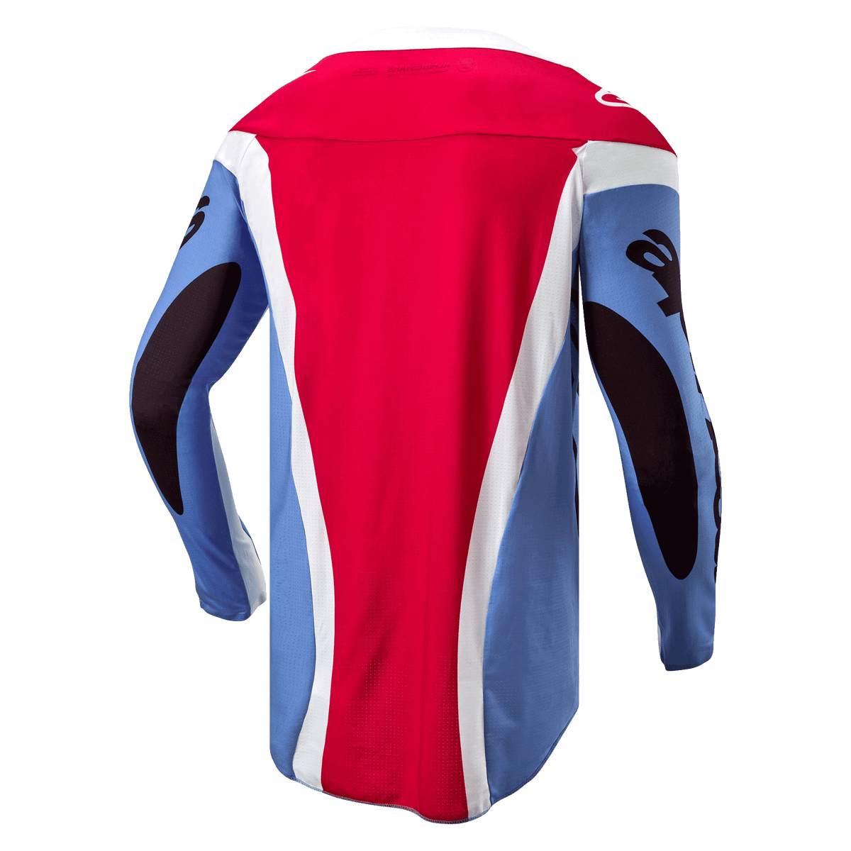 Maillot Alpinestars Techstar Ocuri 2024, maillot de motocross, bleu clair, rouge mars et blanc, vue arrière montrant la coupe athlétique de course, panneau arrière allongé et graphismes noirs sur les manches