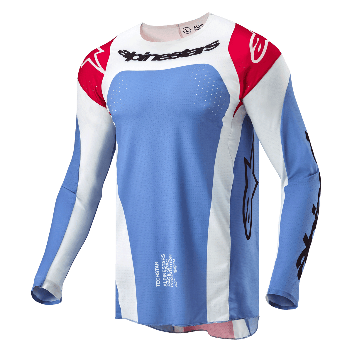 Maillot Alpinestars Techstar Ocuri 2024, maillot de motocross, bleu clair, rouge Mars et blanc, logo Alpinestars noir sur la poitrine, épaules rouges avec logos blancs, perforations découpées au laser pour la ventilation