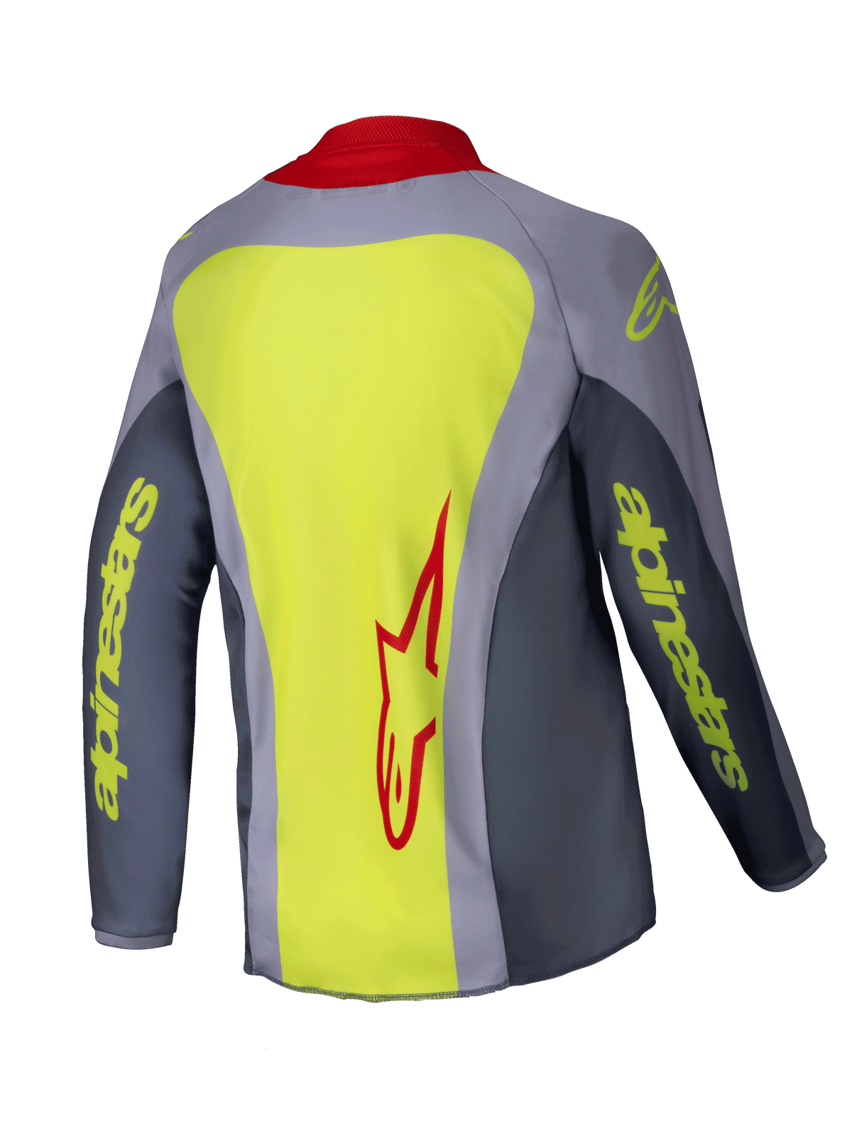 Maillot Alpinestars 2025 Youth Racer Melt, maillot de motocross, rouge vif et gris avec accents jaune fluo, vue arrière montrant un large empiècement jaune fluo avec un logo Alpinestars rouge, manches grises avec lettrage de la marque jaune et col rouge, vêtement technique léger pour le tout-terrain