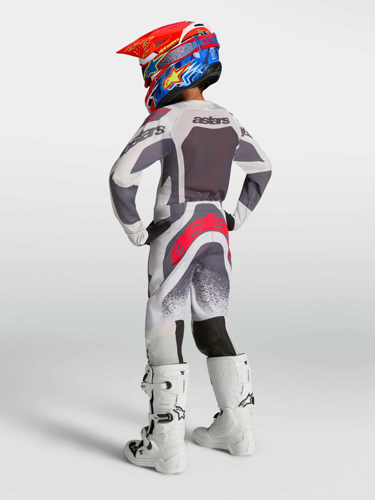 Alpinestars Youth Supertech Swan Jersey and Gear Set, gray and white motocross outfit with red accents and race fit.