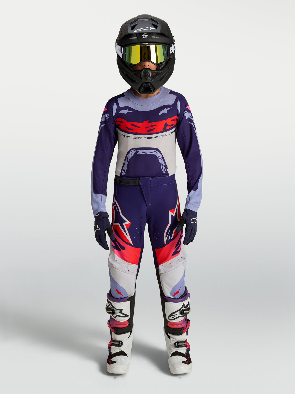 Alpinestars Youth Supertech Dyna Jersey in purple and white, kids' motocross gear set for racing performance.