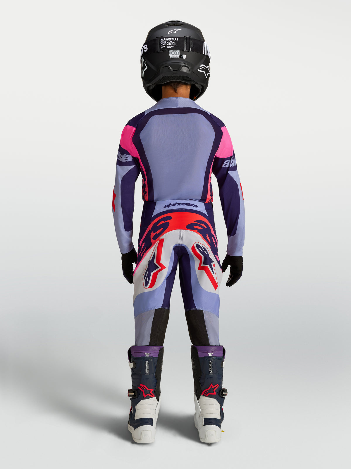 Alpinestars Youth Supertech Dyna Gear Set, purple and pink motocross racing outfit with lightweight stretch mesh jersey.