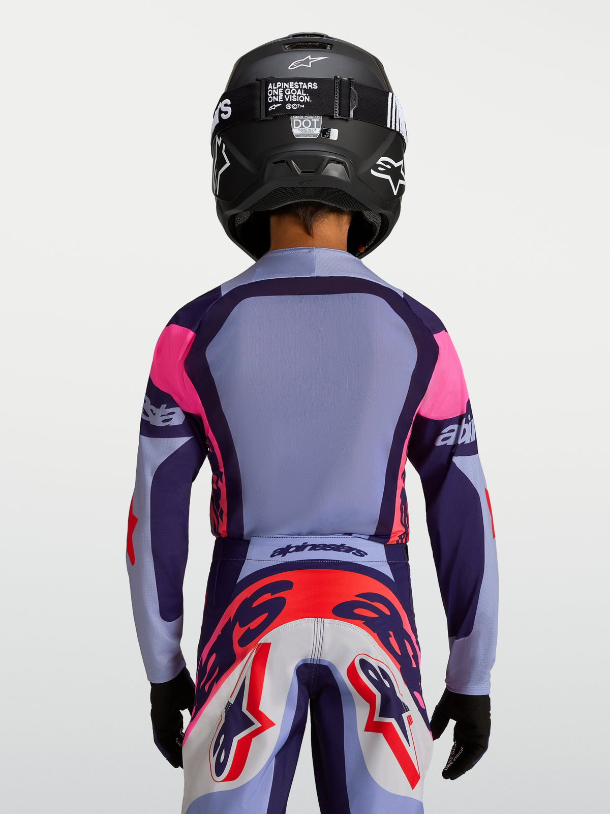 Alpinestars Youth Supertech Dyna Jersey, purple and pink motocross jersey, breathable race-fit construction, rear view.