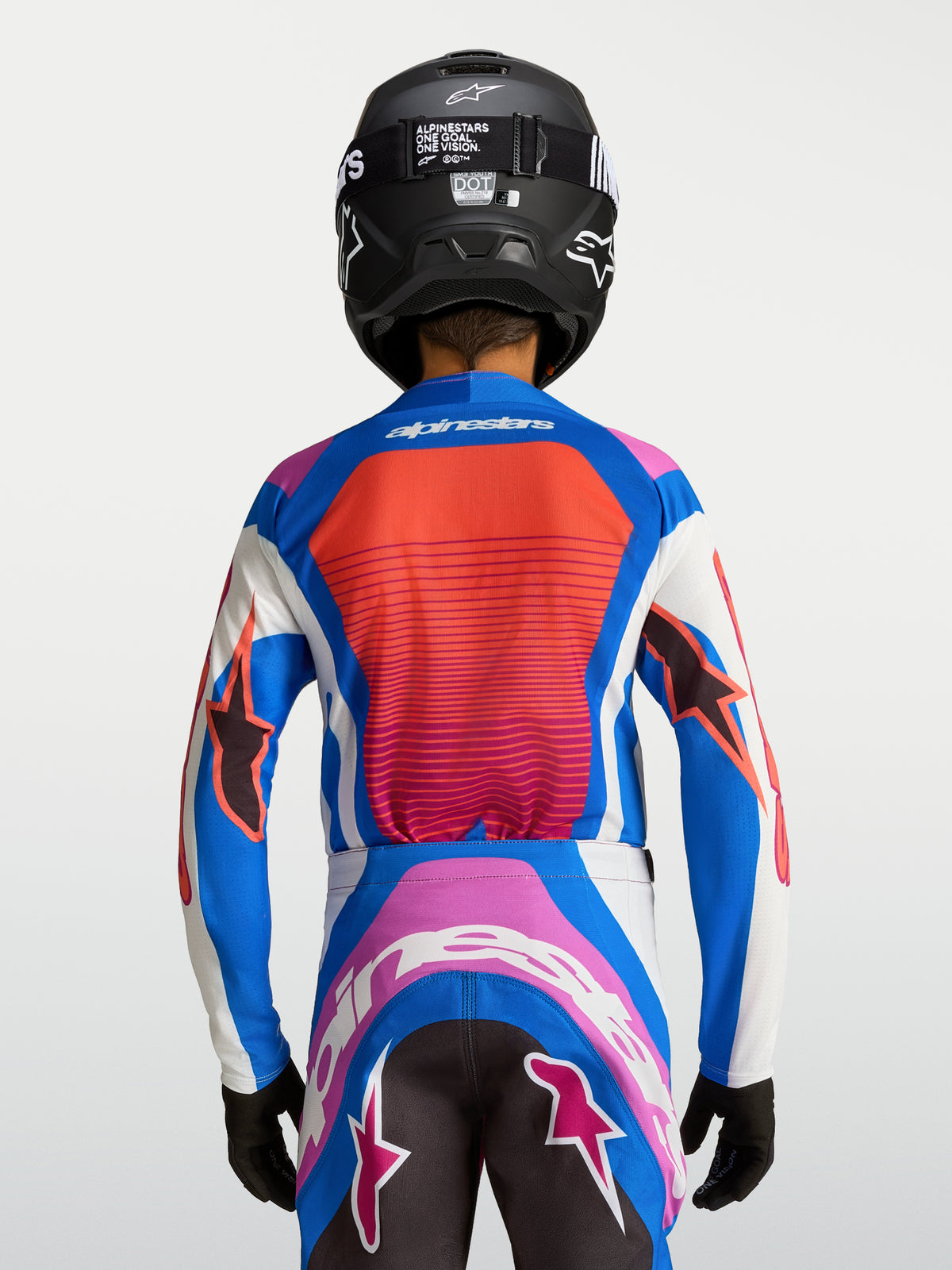 Alpinestars Supertech Maven Junior, maillot de motocross bleu et corail, vue de dos, panneaux en maille respirante
