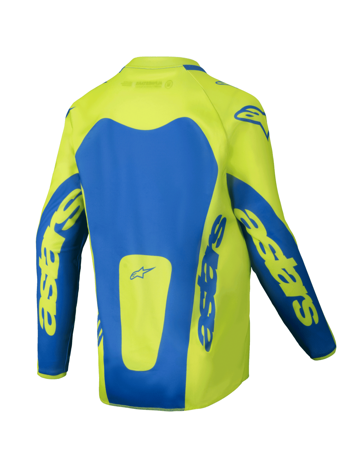 Maillot Alpinestars Junior Racer Veil 2025, maillot de motocross, jaune fluo et bleu, vue arrière présentant des empiècements bleus marqués et le logo Astars sur les manches, coupe allongée à l'arrière pour une meilleure protection, tissu léger évacuant l'humidité pour la course tout-terrain