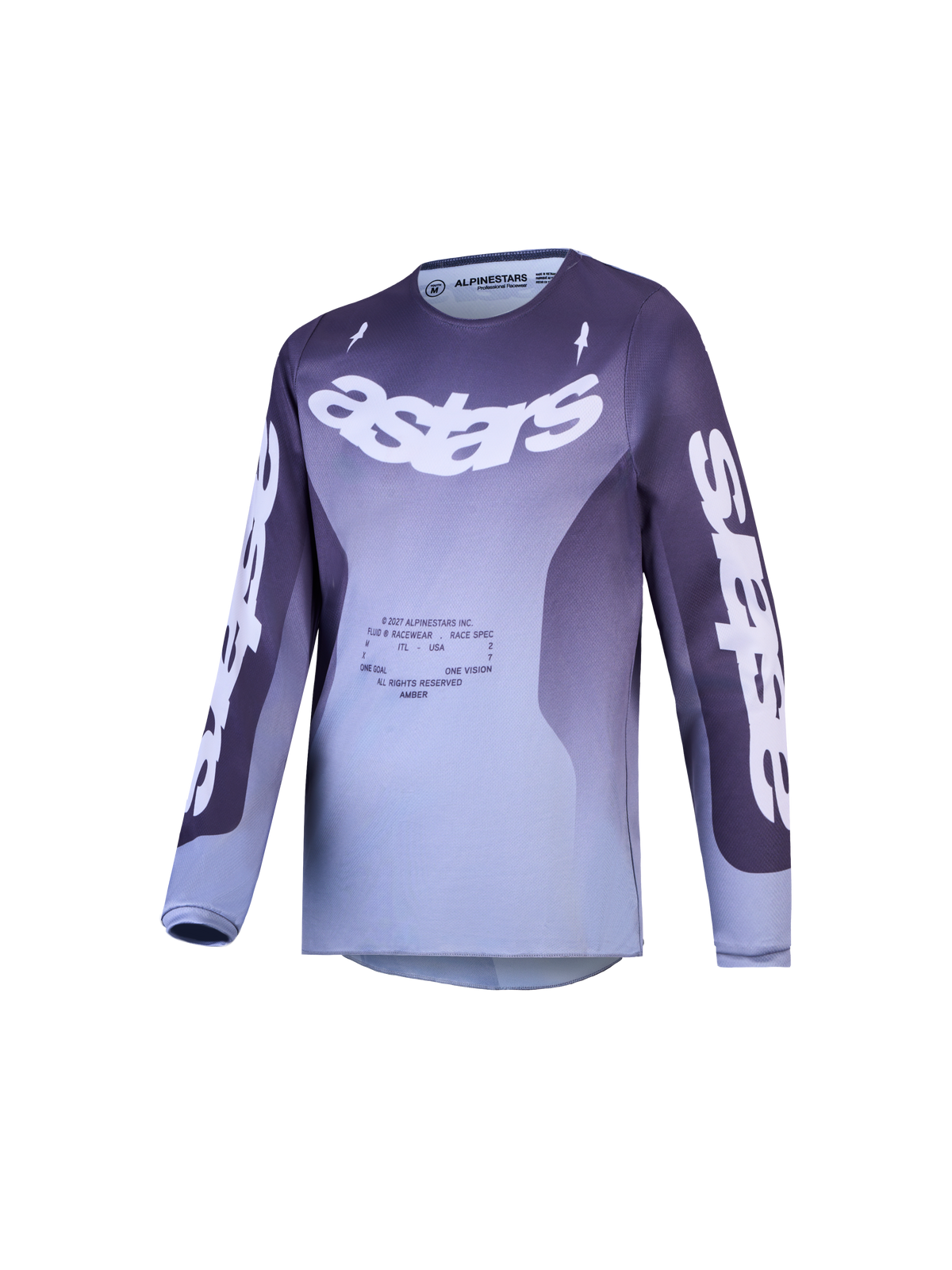 Alpinestars Fluid Amber Junior, maillot de motocross, dégradé violet et gris, logo Astars blanc, design tout-terrain.