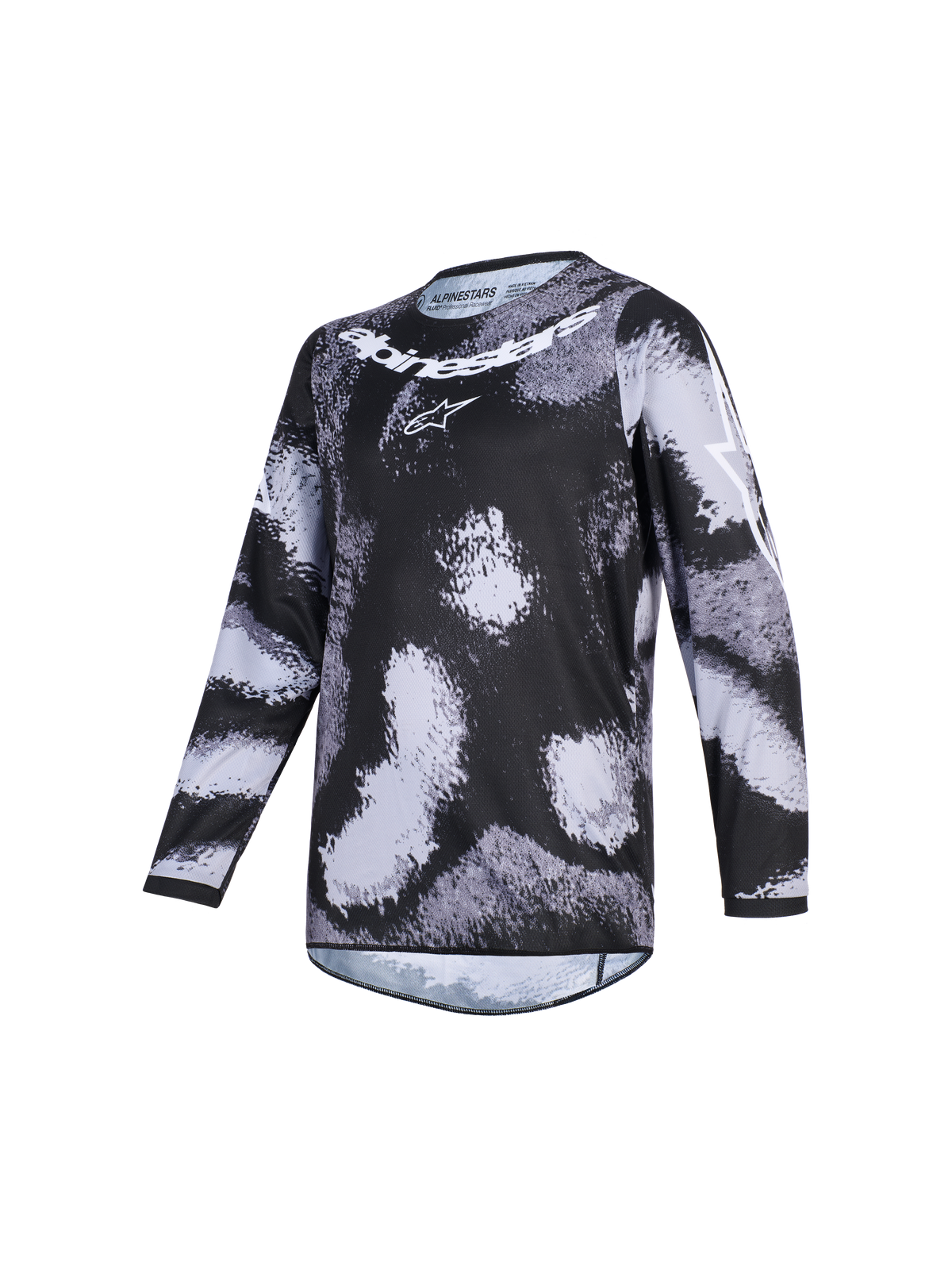 Maillot Alpinestars Racer Lahnd 2026, maillot de motocross, Iron Camo, motif camouflage noir et gris, inscription et logo Alpinestars blancs sur la poitrine, vêtement tout-terrain haute performance à manches longues