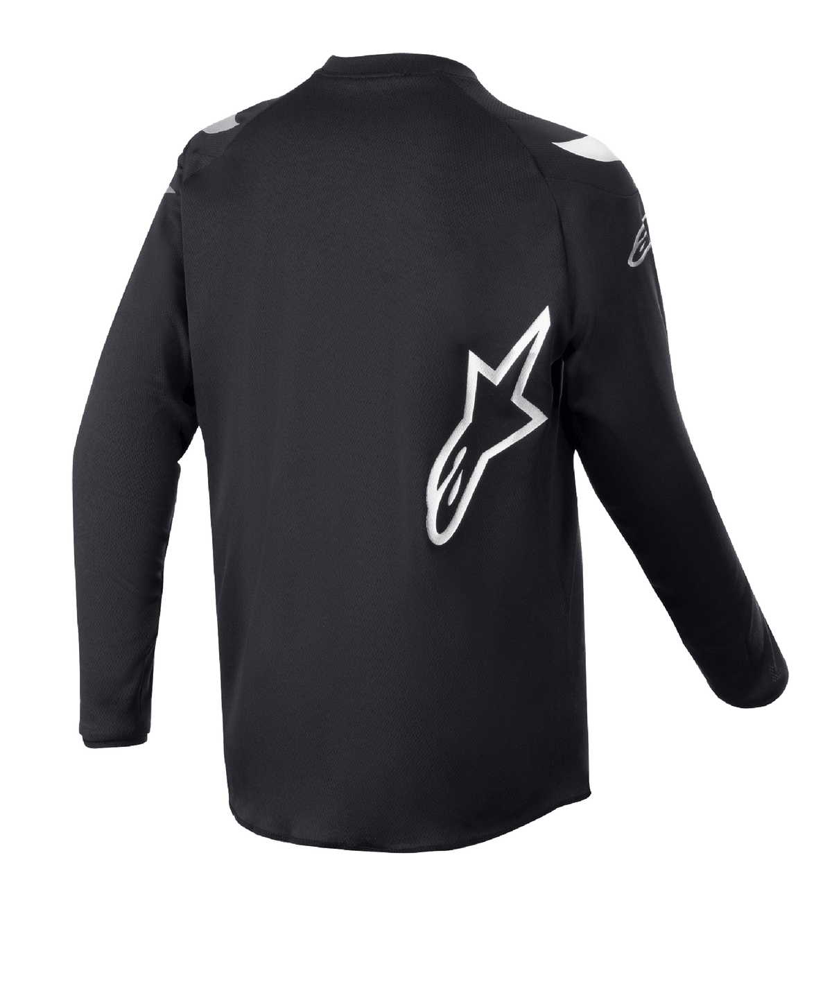 Alpinestars Youth 2023 Racer Graphite Jersey, Motocross Jersey, Black Reflective Black, Rear view featuring large white Alpinestars star logo, technical moisture-wicking fabric, long sleeves, durable off-road apparel