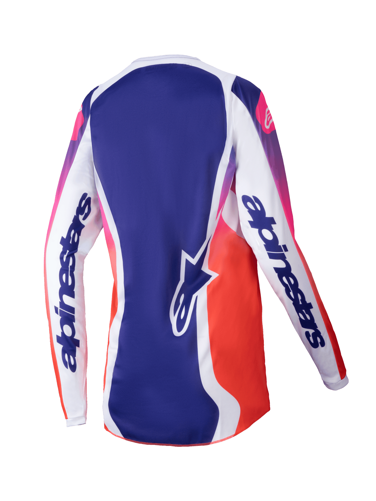 Maillot Alpinestars Stella Fluid Wurx 2025 pour femme, maillot de motocross pour femme, blanc multicolore avec dégradés de bleu et de rose à orange, vue de dos montrant des manches blanches avec logo imposant, panneau central bleu avec logo étoile, et design athlétique évacuant l'humidité