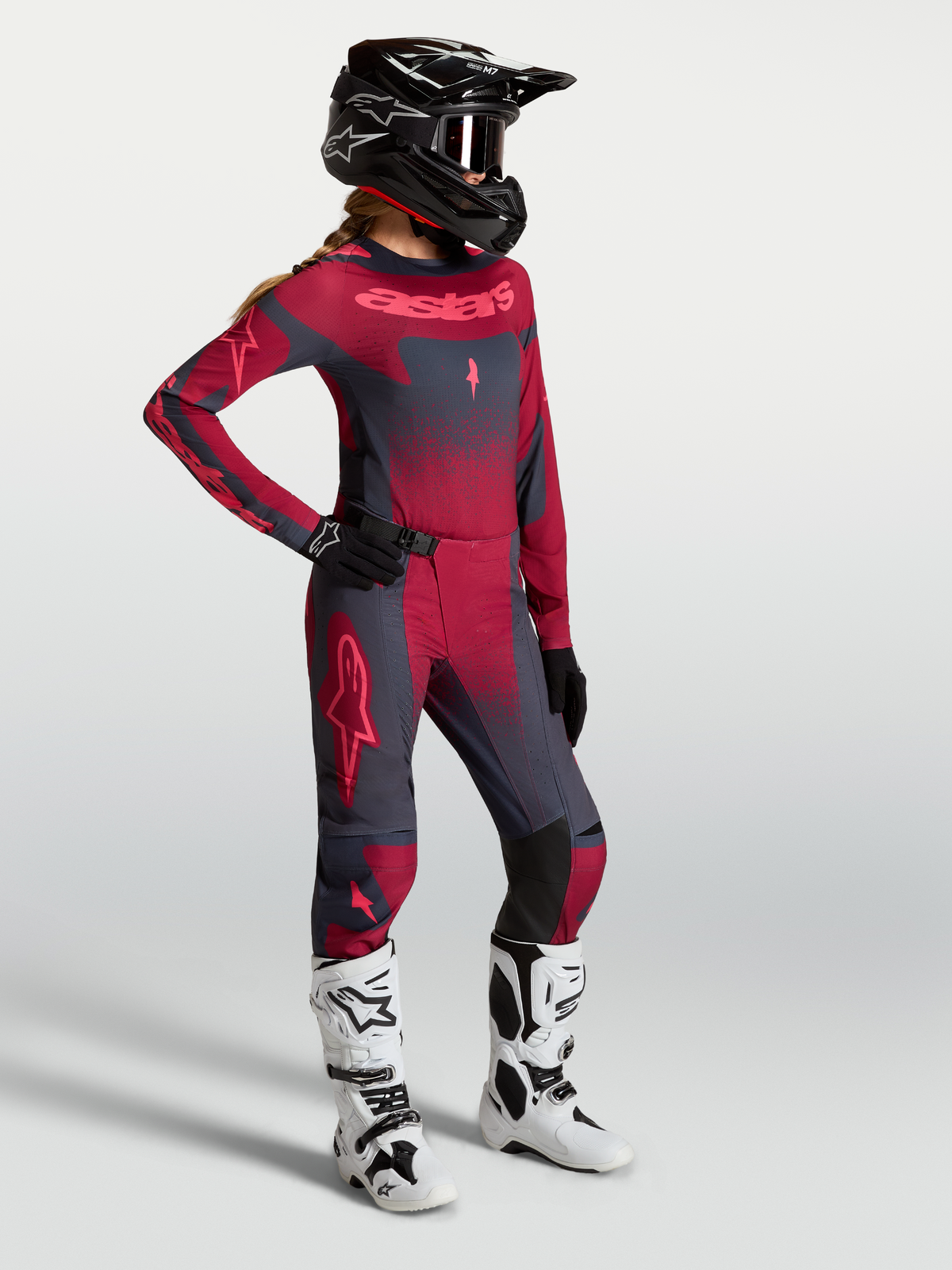 Alpinestars Stella Techstar Swan Gear Set AND Stella Techstar Swan Pants, women's motocross gear in crimson and dark gray.