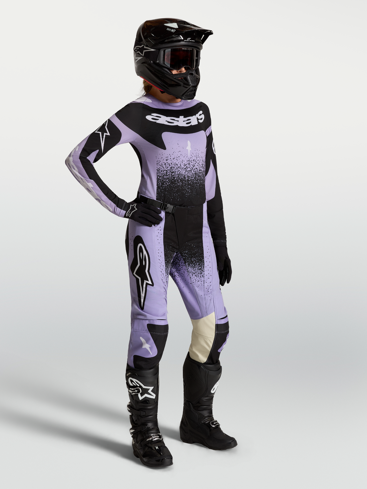 Alpinestars 2027 Stella Techstar Swan Pants, Women's Motocross Gear in Light Violet and Black for off-road performance.