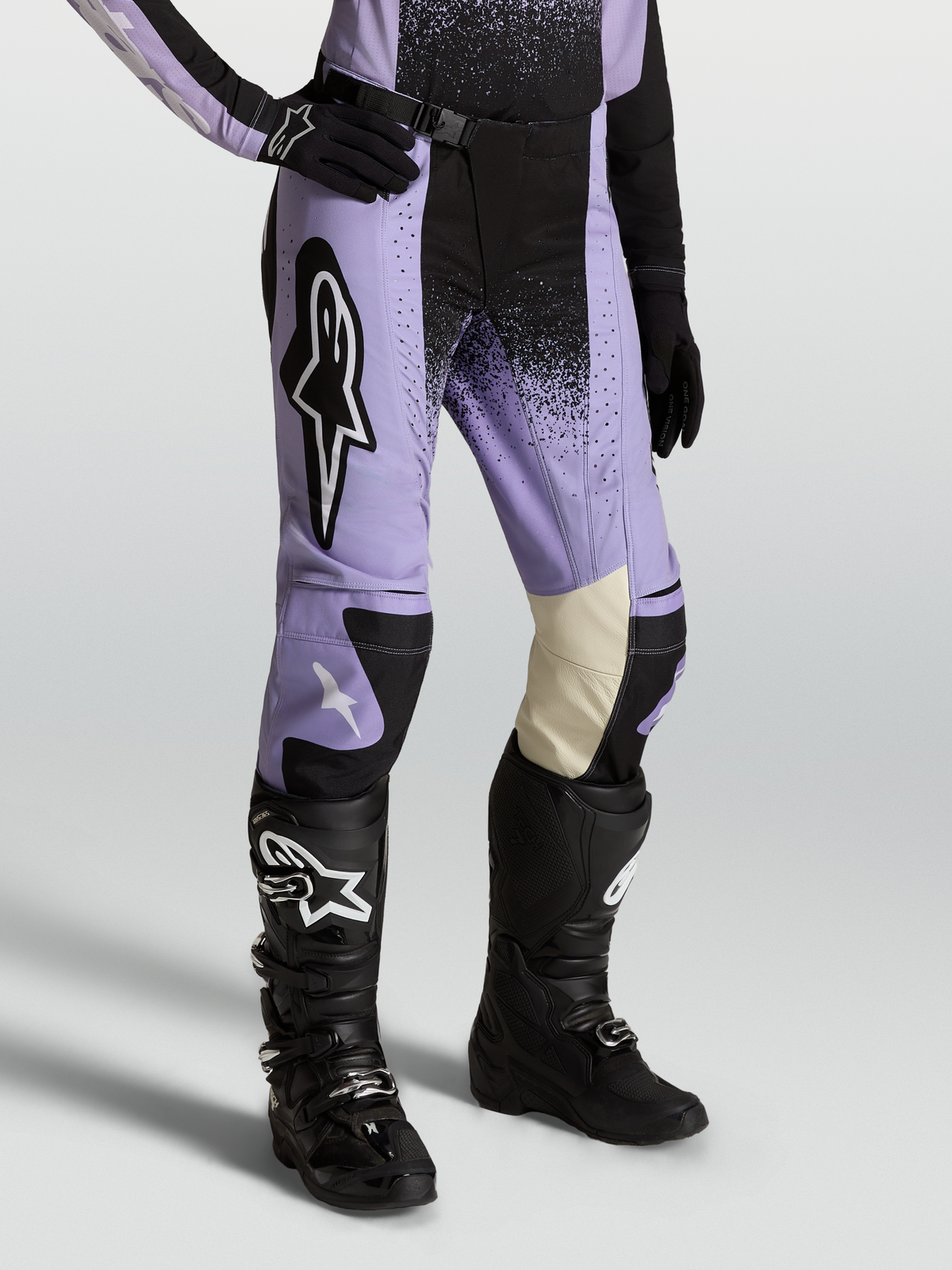 Alpinestars Stella Techstar Swan Pants, women's motocross gear in purple and black with leather inner knee panels.