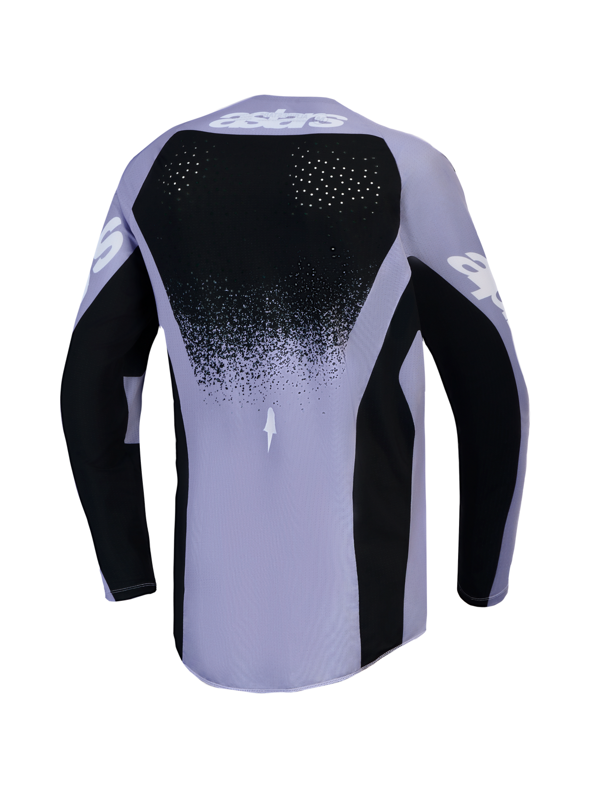 Maillot Alpinestars Stella Techstar Swan pour femme, motocross, violet et noir, vue de dos avec perforations laser.