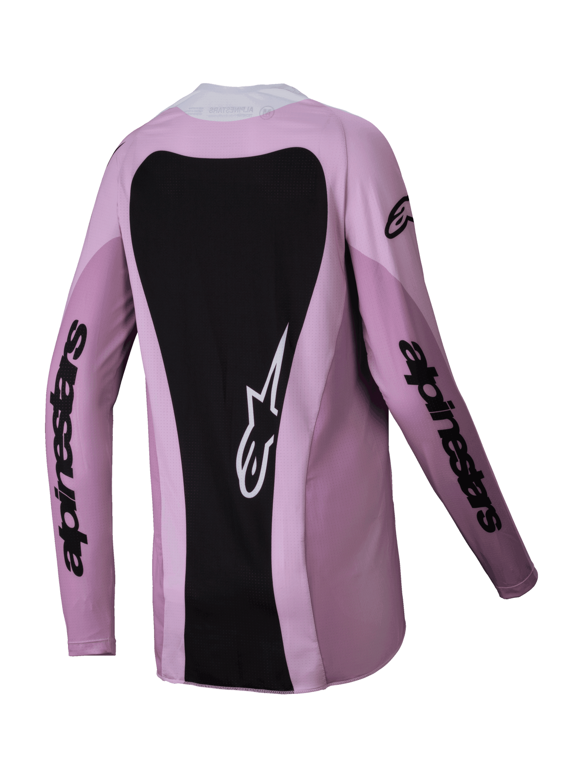 Alpinestars Maillot Stella Techstar Melt Femme 2025, maillot de motocross, Blush Black, vue arrière présentant un large panneau dorsal noir avec un logo Astars blanc, marquage noir sur les manches et construction légère en poly-tissu pour la course tout-terrain