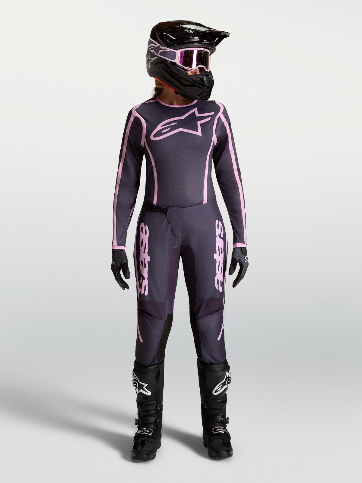 Pantalons Alpinestars Stella Fluid Apex V2, équipement de motocross pour femme, gris et roses, maillot et casque assortis