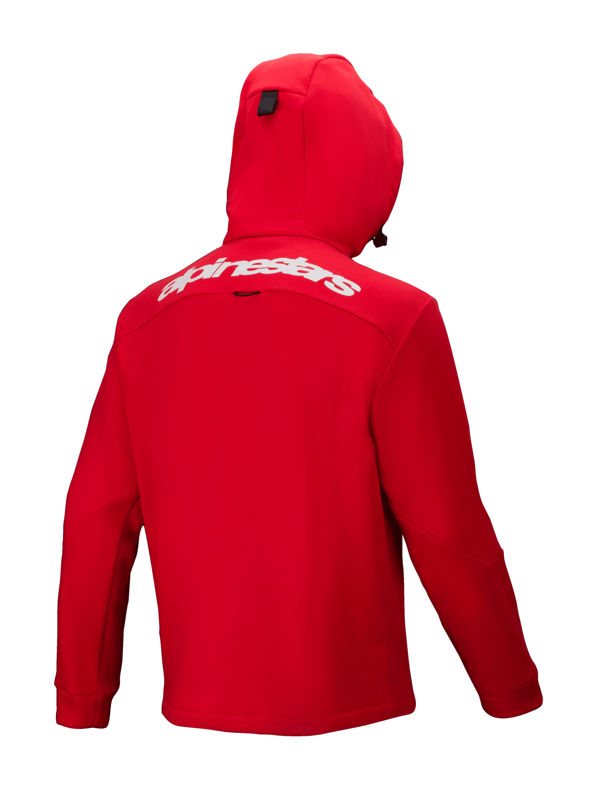 Alpinestars Racer MX Fleece, sweat à capuche de motocross rouge vif, vue de dos, avec le lettrage Alpinestars blanc sur le haut du dos, capuche intégrée et design ergonomique pour la performance tout-terrain