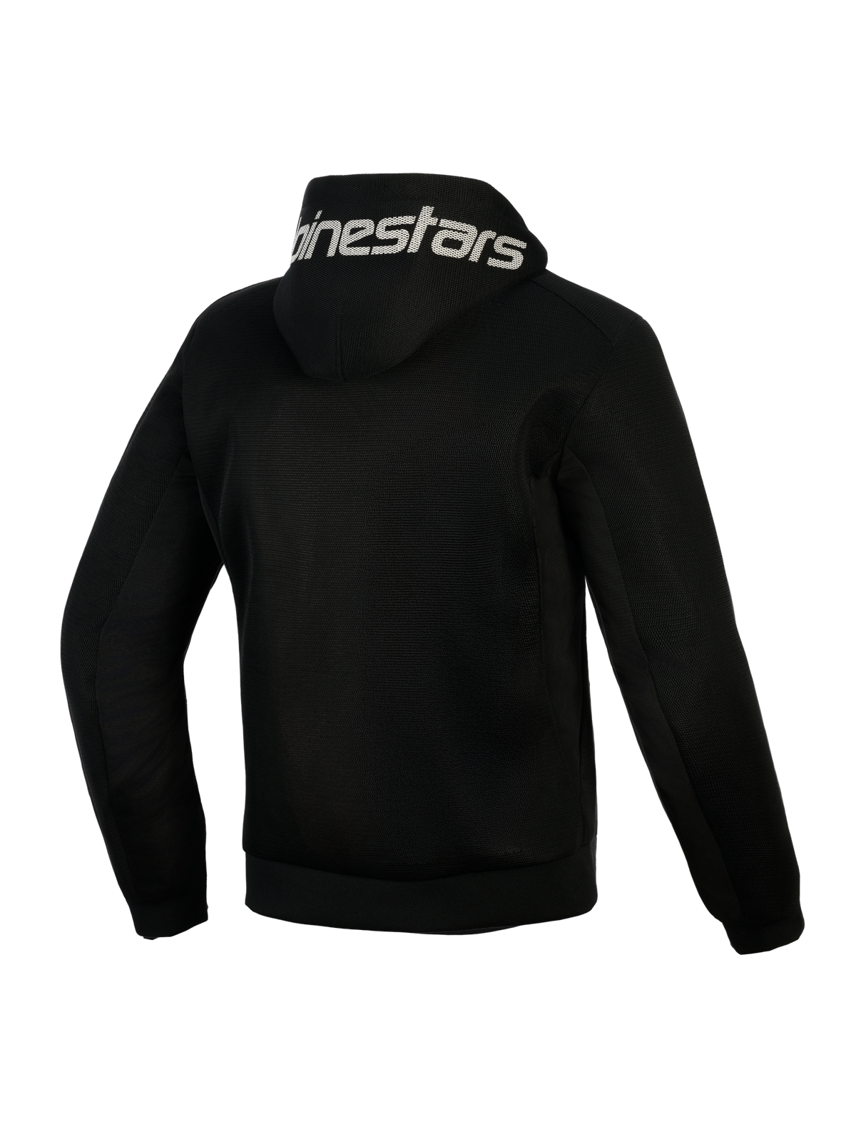 Alpinestars Chrome Superairflow Hoodie, noir, vue arrière, avec logo Alpinestars blanc sur la capuche, construction en maille technique 3D intégrale pour la ventilation, vêtement de protection moto pour temps chaud