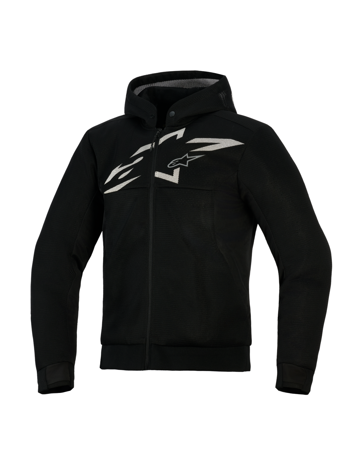 Alpinestars Chrome Superairflow Hoodie, sweat à capuche de moto ventilé, noir avec logo blanc et gris, doté d'une construction intégrale en maille 3D, design zippé à l'avant avec capuche intégrée, coupe athlétique pour la conduite sportive