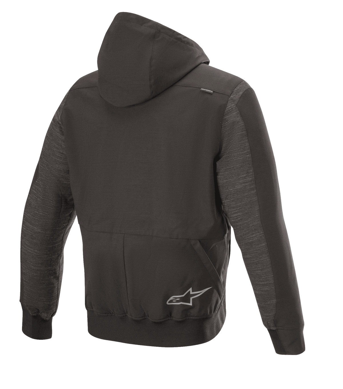 Sweat à capuche Alpinestars Rhod Windstopper, veste de moto urbaine, noir chiné, vue de dos avec capuche amovible, poignets et ourlet côtelés, et un logo étoile discret dans le dos
