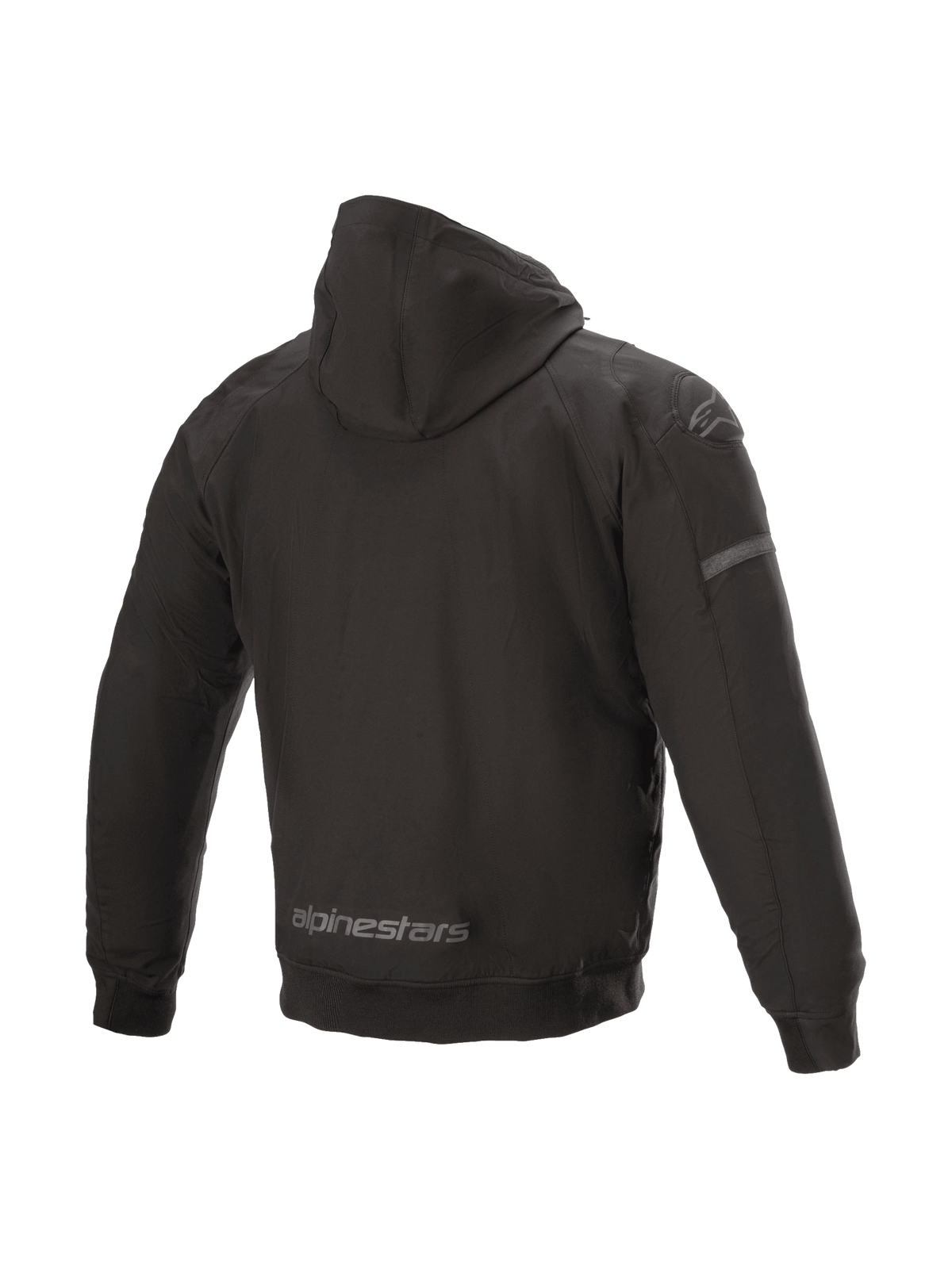Alpinestars Sektor Tech V2 Hoodie, black urban motorcycle jacket with wind-resistant shell and 3D shoulder inserts, back view.