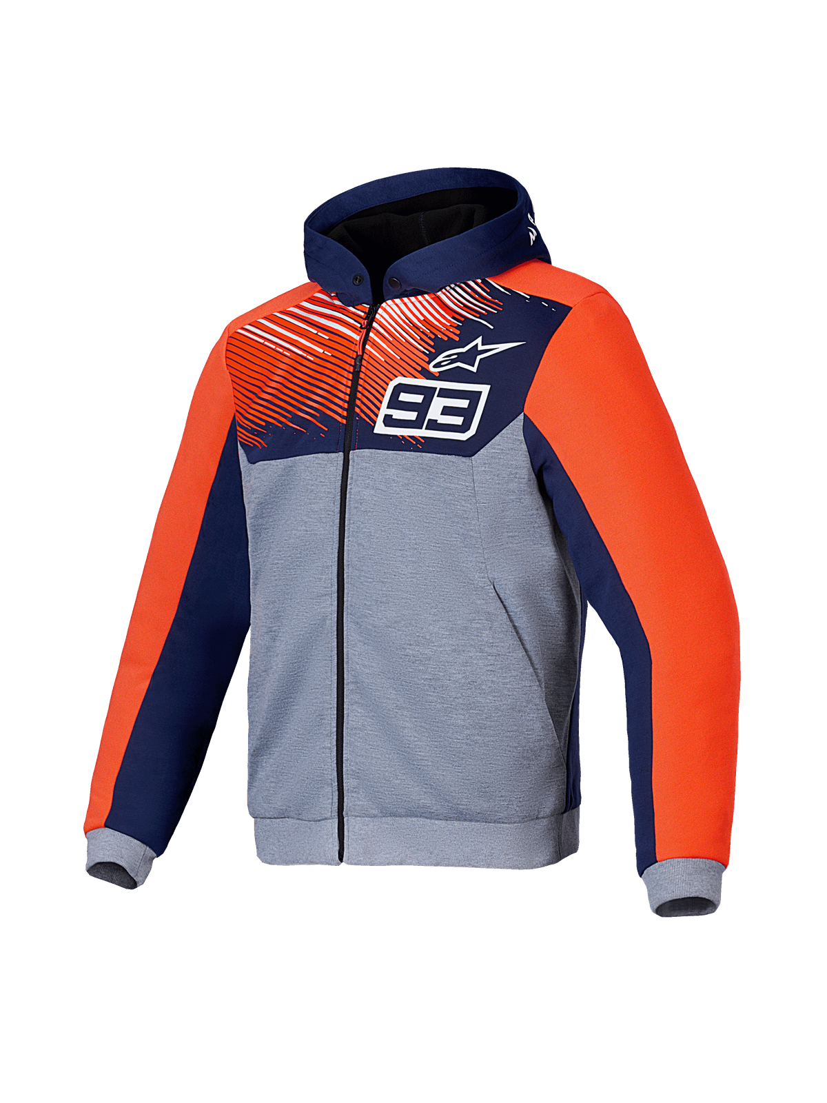 Alpinestars Sweat À Capuche Sport MM93 Chrome V2, veste de moto urbaine, bleue, grise et orange fluo, avec renforts en aramide et protections Nucleon Flex Plus, certifiée CE Classe A