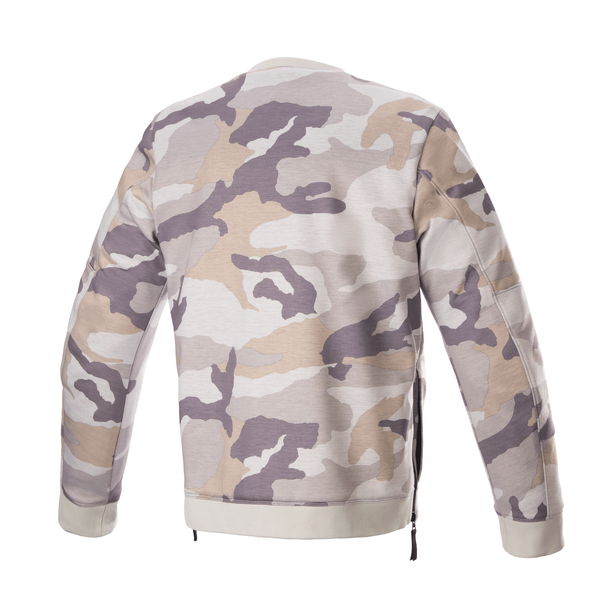 Alpinestars Legit Crew Fleece, pull-over de moto, camouflage gris clair, vue de dos, motif camouflage dans des tons de gris et beige, col et ourlet côtelés, fermetures éclair latérales, équipement de moto urbain décontracté