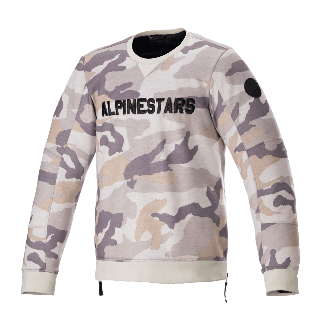 Alpinestars Legit Crew Fleece, pull-over de moto, camouflage gris clair, logo ALPINESTARS noir sur la poitrine, écusson circulaire noir sur la manche, poignets et ourlet côtelés, vêtement de conduite urbain décontracté