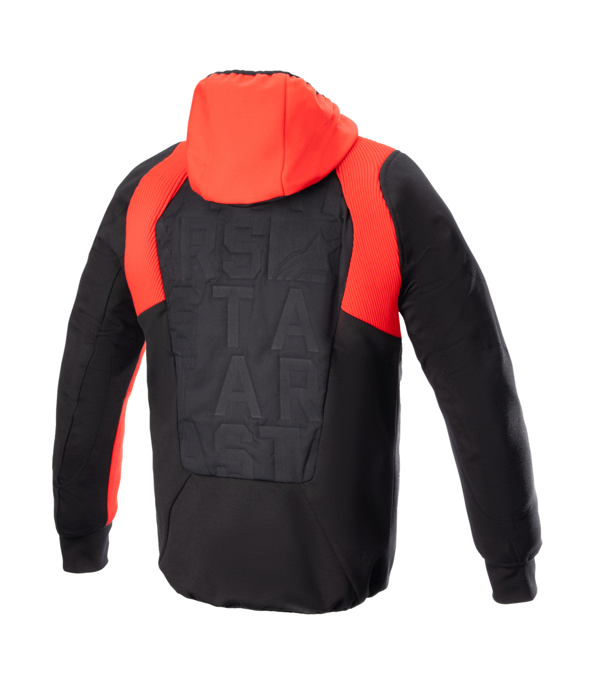 Veste à capuche Alpinestars MO.ST.EQ Hybrid, vue de dos, noir et rouge vif, avec capuche rouge et accents côtelés aux épaules, panneau dorsal rembourré sans couture avec logo ton sur ton, sweat à capuche de protection pour moto urbaine