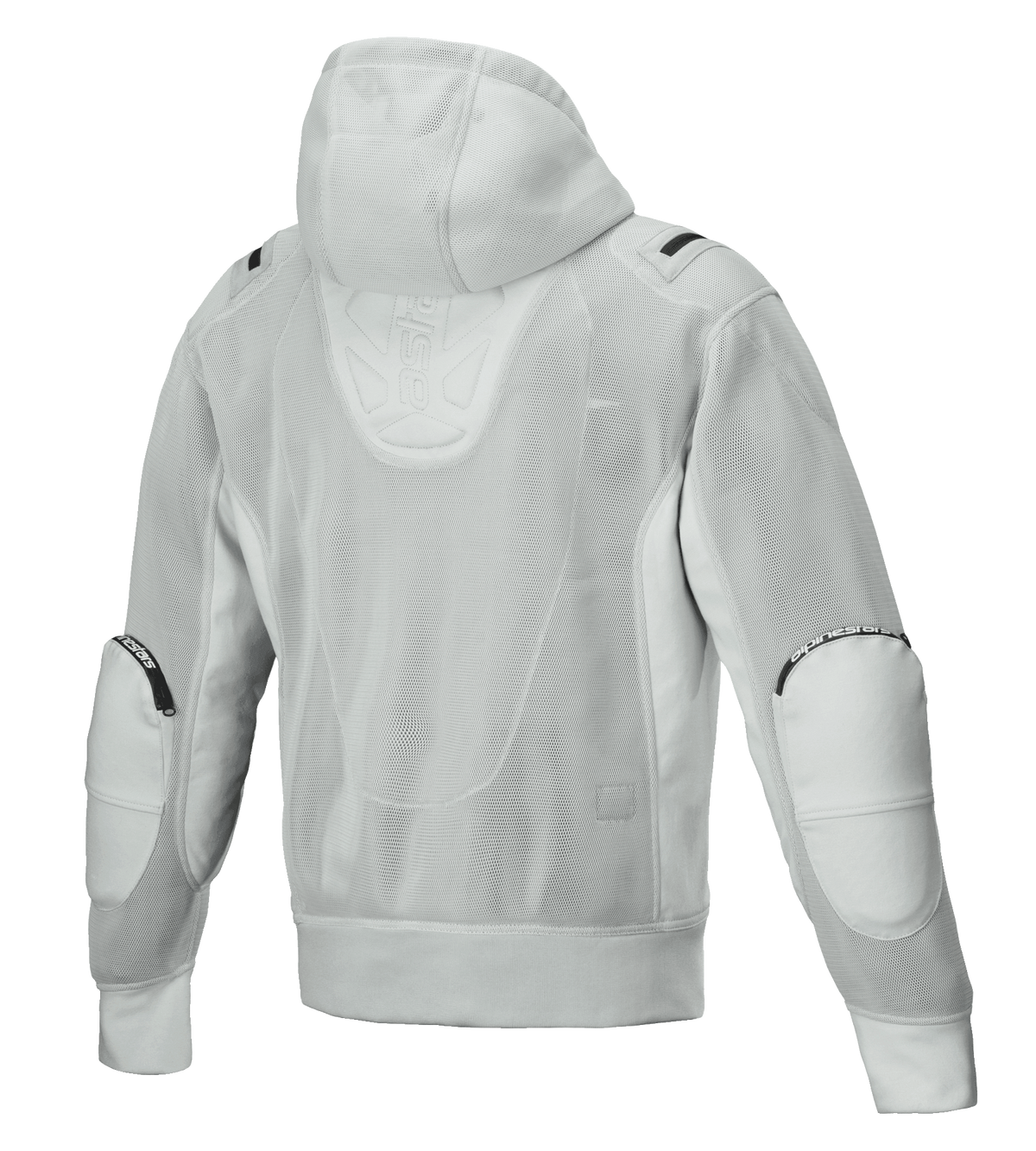 Alpinestars Moflow Air Tech Hoodie, veste de moto pour homme, gris, vue arrière avec construction intégrale en maille haute densité, capuche en maille, panneaux de coudes renforcés et marquage Alpinestars discret, design tech-wear urbain