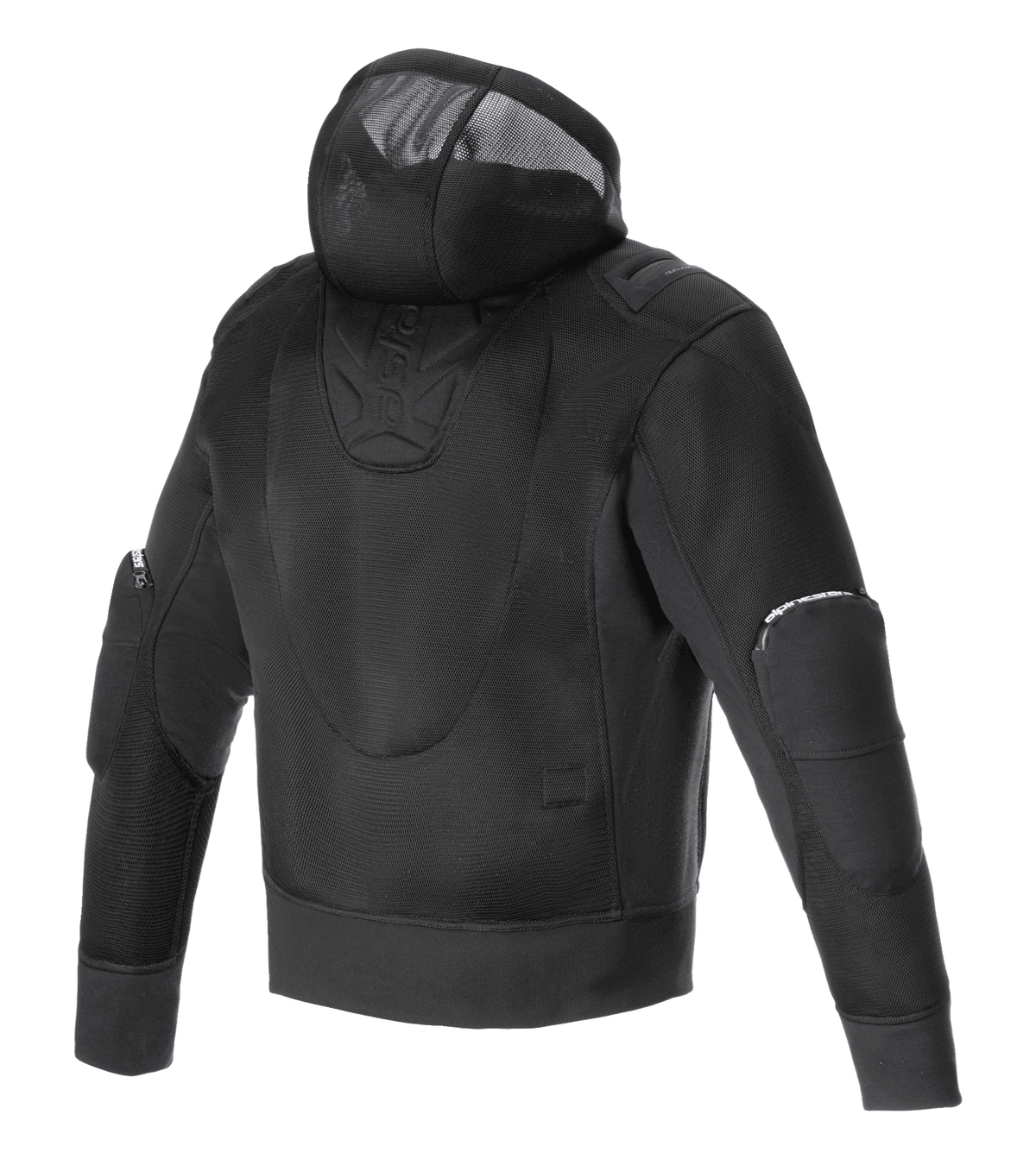 Alpinestars Moflow Air Tech Hoodie, veste de moto pour homme, noir, vue arrière avec construction intégrale en maille haute densité, capuche en maille intégrée et panneaux de coude protecteurs, conçu pour une ventilation maximale et un style urbain.