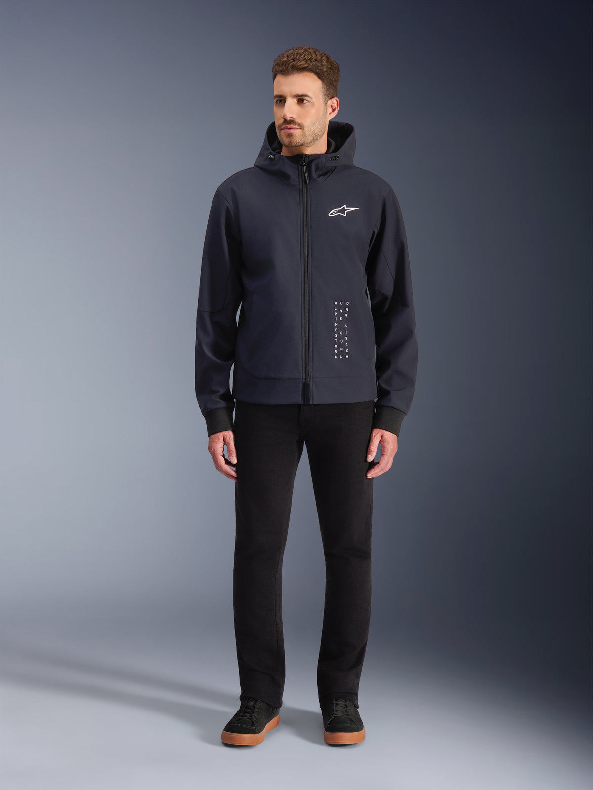 Alpinestars Radium Tech Hoodie, black and white men's urban motorcycle jacket with windproof 3L tech shell.