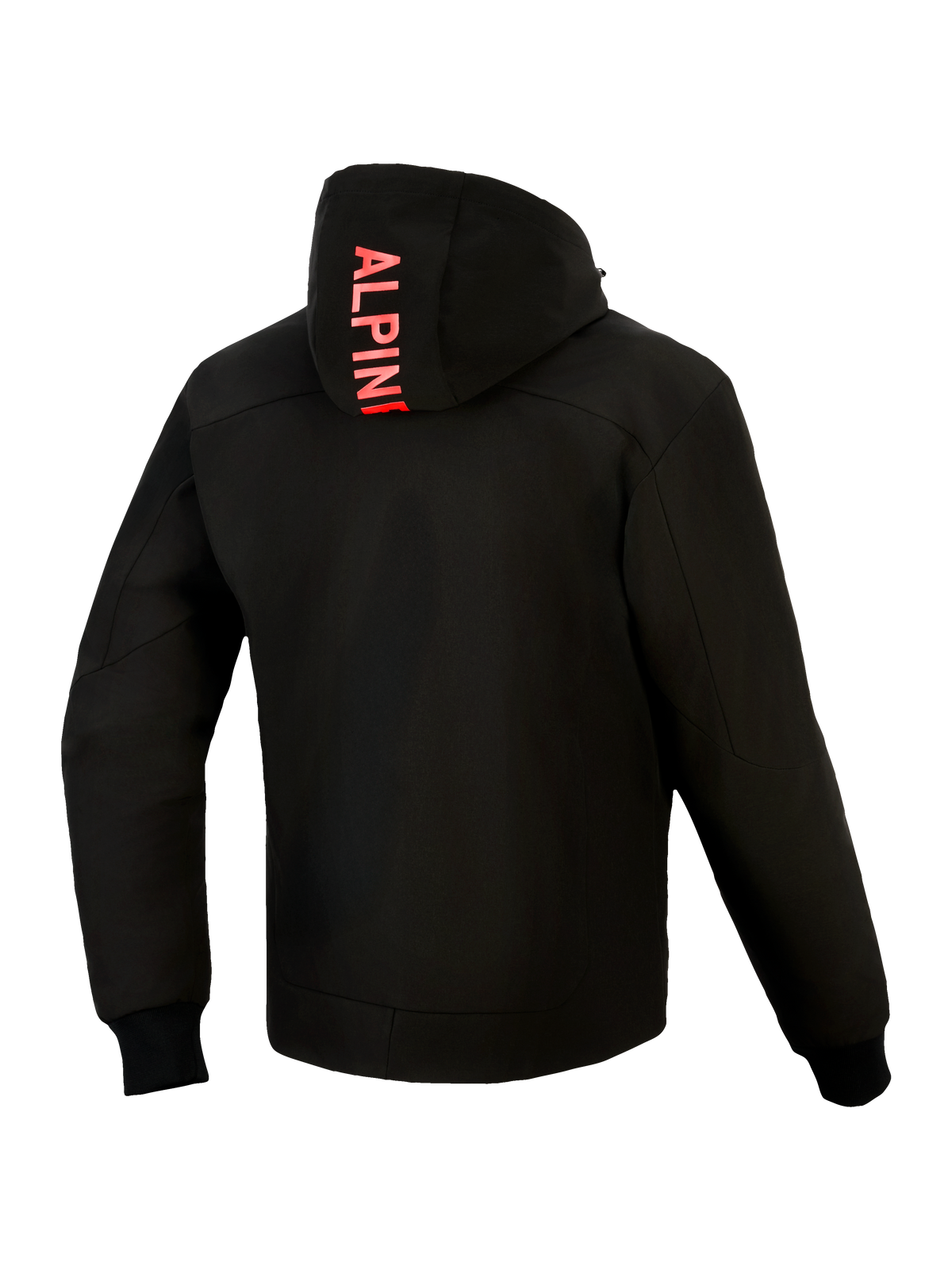 Alpinestars Radium Tech Hoodie, vue arrière, noir et rouge vif, avec logo Alpinestars vertical sur la capuche, coque technique 3 couches coupe-vent, poignets côtelés extensibles et coupe athlétique urbaine.