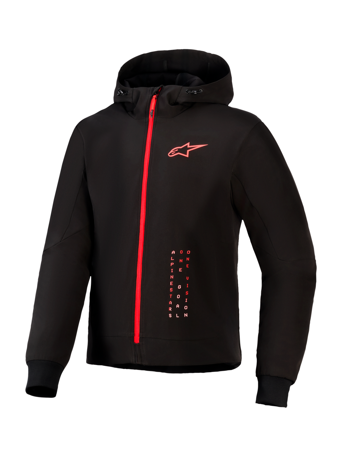 Sweat à capuche Alpinestars Radium Tech, veste de moto urbaine, noir et rouge vif, fermeture éclair intégrale rouge, logo Alpinestars rouge sur la poitrine, capuche à cordon de serrage et poignets côtelés sur une coque technique coupe-vent.