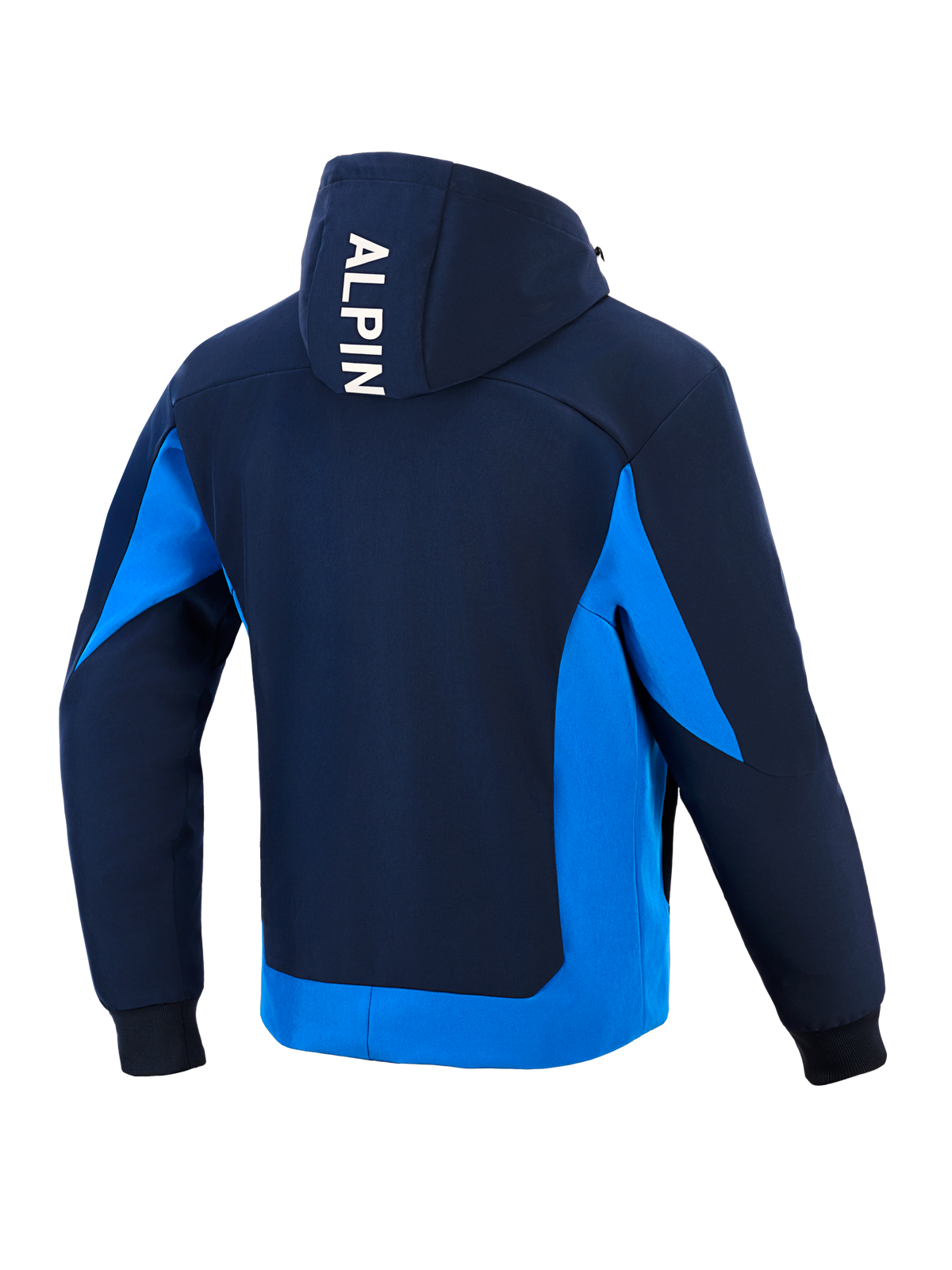 Alpinestars Radium Tech Hoodie, sweat à capuche technique de moto, bleu marine et bleu royal, vue arrière avec marquage 'ALPIN' blanc vertical sur la capuche, empiècements latéraux et ourlet bleu vif, poignets côtelés, design athlétique urbain