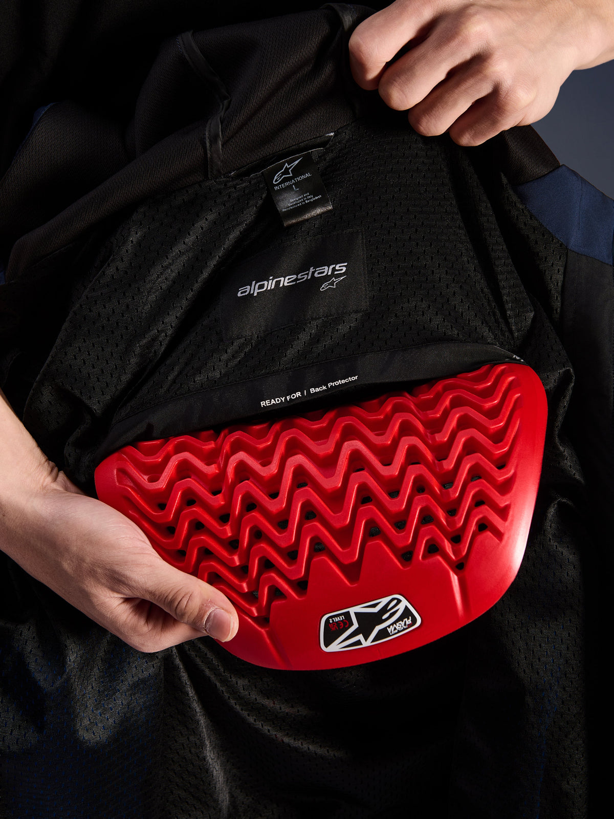 Détail intérieur du hoodie Alpinestars Radium Tech, protection dorsale Nucleon Plasma rouge insérée dans la poche prévue, doublure en mesh noir avec inscription « READY FOR | Back Protector », design d'armure en nid d'abeille ondulé, caractéristiques de protection pour veste de moto urbaine technique