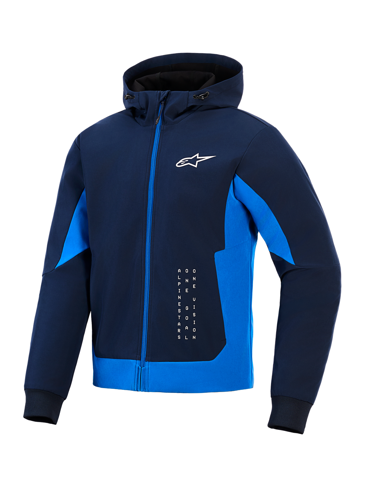 Alpinestars Radium Tech Hoodie, Night Navy et Royal Blue, hoodie technique à fermeture éclair intégrale, logo Astar blanc et marquage vertical, veste de moto urbaine