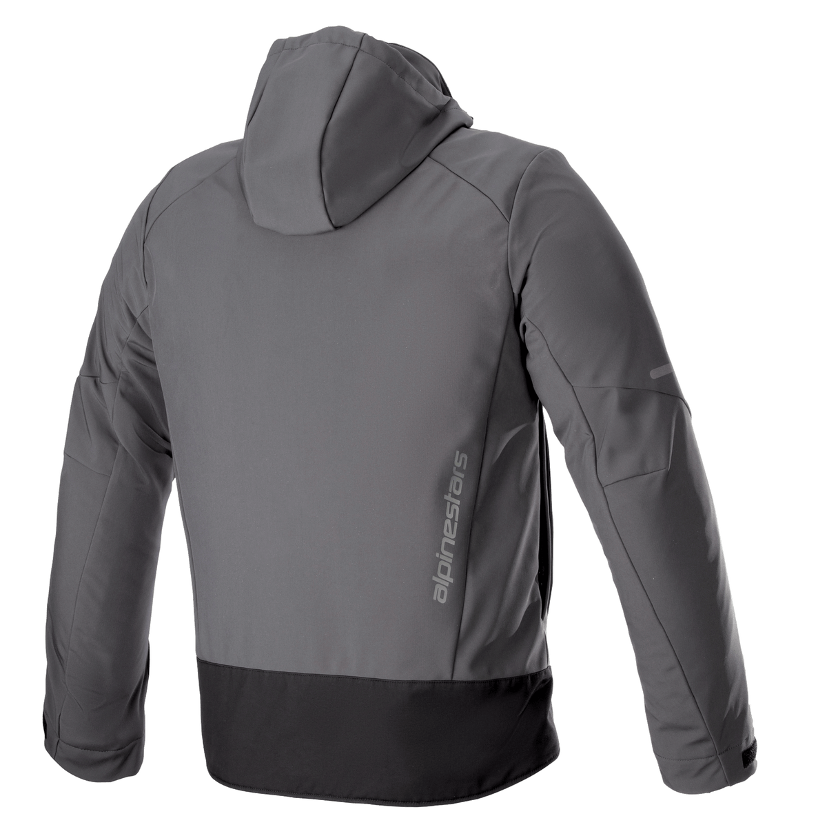 Sweat à capuche imperméable Alpinestars Neo, veste de moto urbaine technique, gris goudron et noir, vue arrière avec marquage Alpinestars vertical, capuche amovible, construction en softshell imperméable avec un empiècement noir à la base.