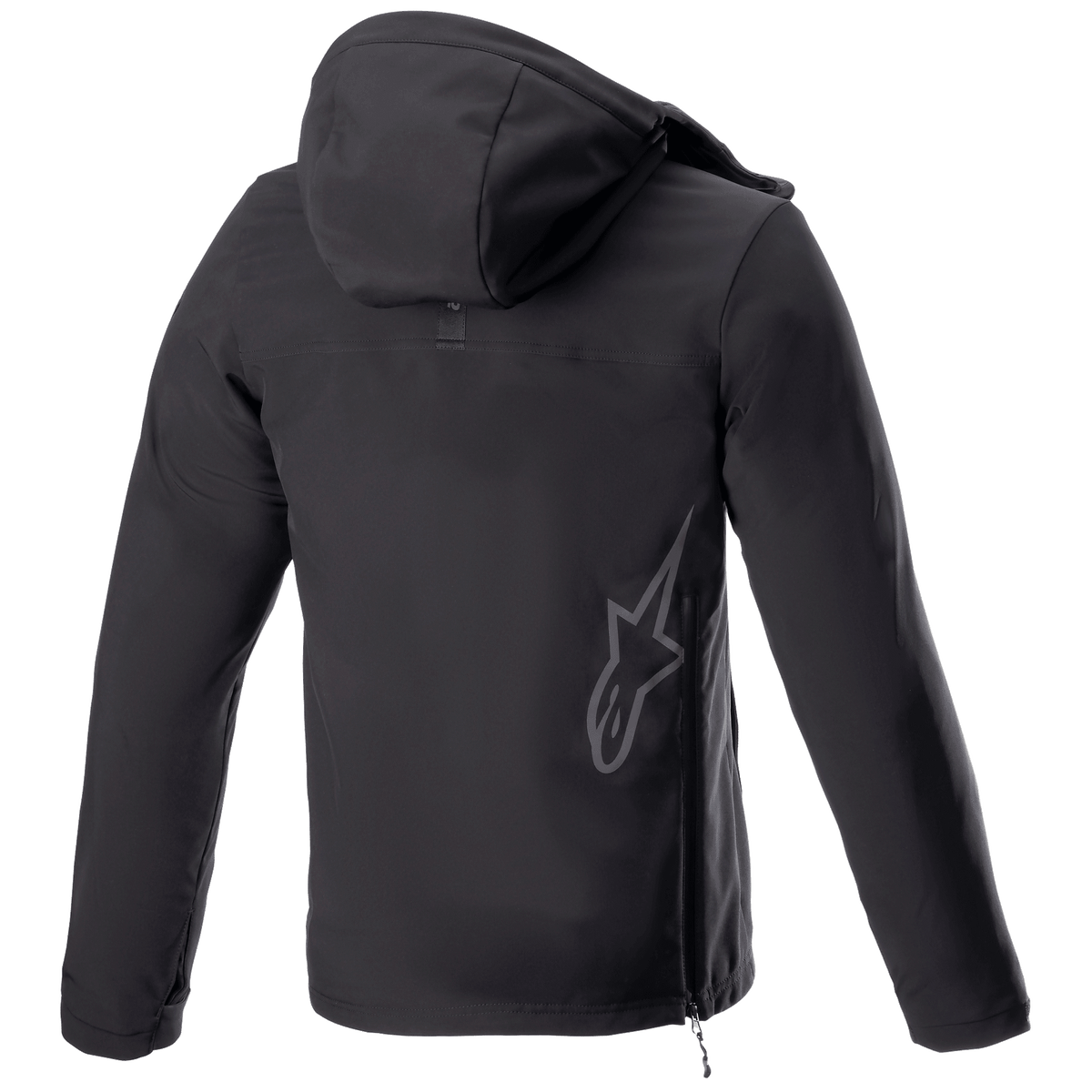 Alpinestars Sherpa Hoodie, veste de moto urbaine à capuche, Black Reflex, vue arrière avec un grand logo étoile Alpinestars réfléchissant dans le bas du dos, fermeture éclair latérale et capuche, conception softshell coupe-vent.