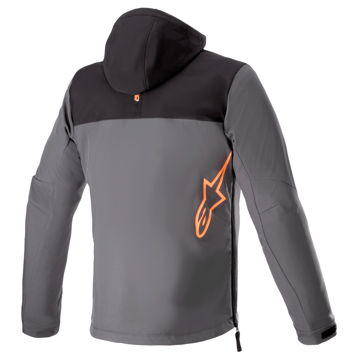 Alpinestars Sherpa Hoodie, vue de dos, veste de moto technique en noir et gris, grand logo Alpinestars orange fluo sur le bas du dos, fermeture éclair latérale, équipement de conduite urbaine en softshell