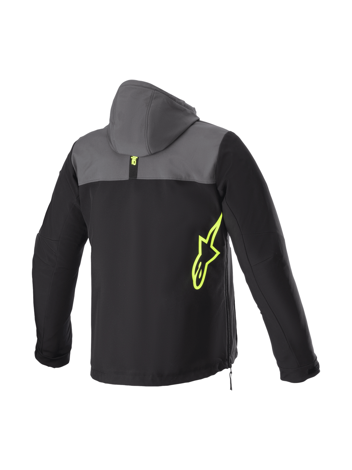 Alpinestars Veste à capuche Sherpa, veste de moto urbaine pour homme, noire et grise, logo jaune fluo, softshell, vue de dos