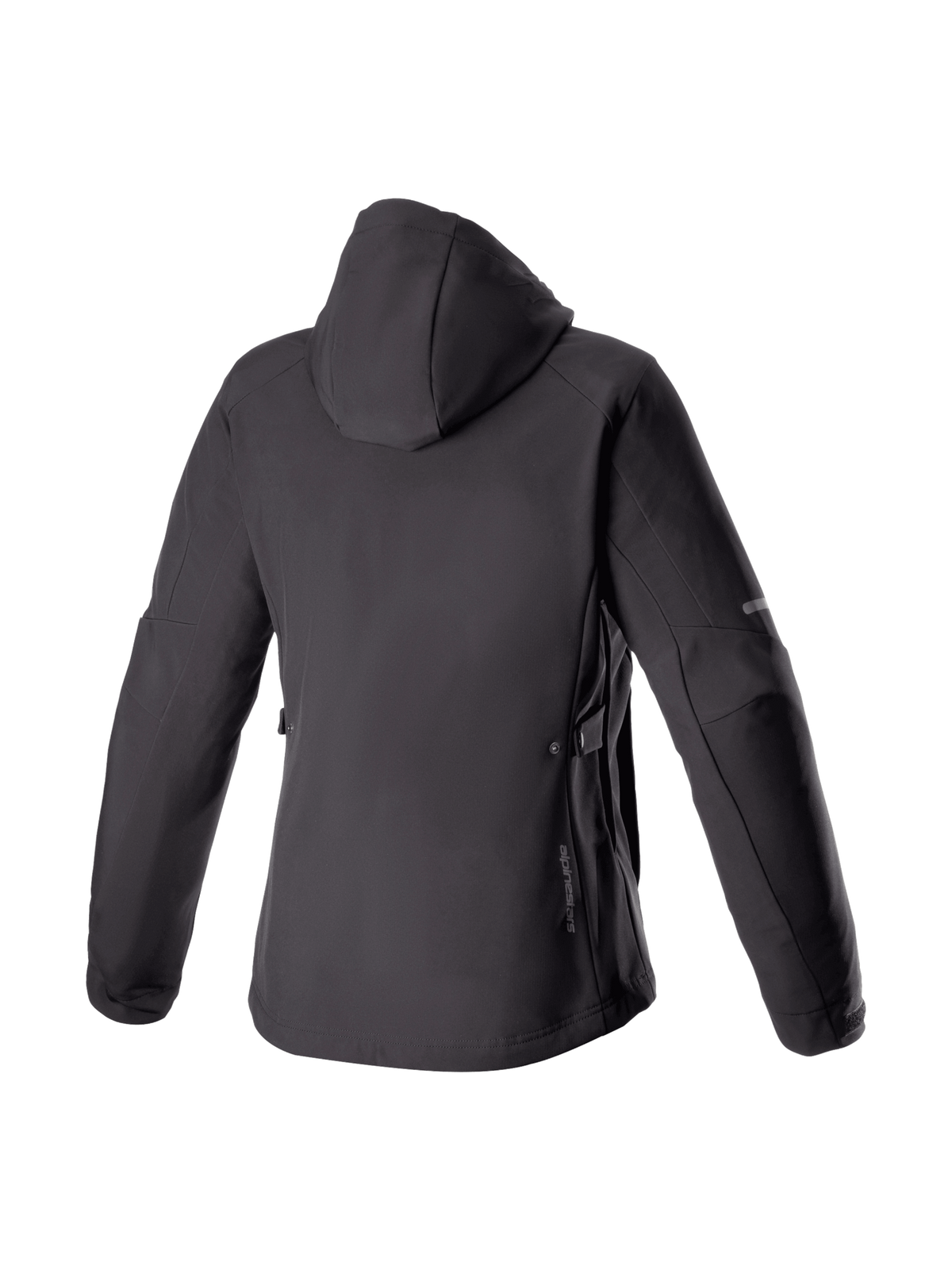 Alpinestars Stella Neo Waterproof Hoodie, black women's urban motorcycle jacket in stretch softshell, back view with hood.