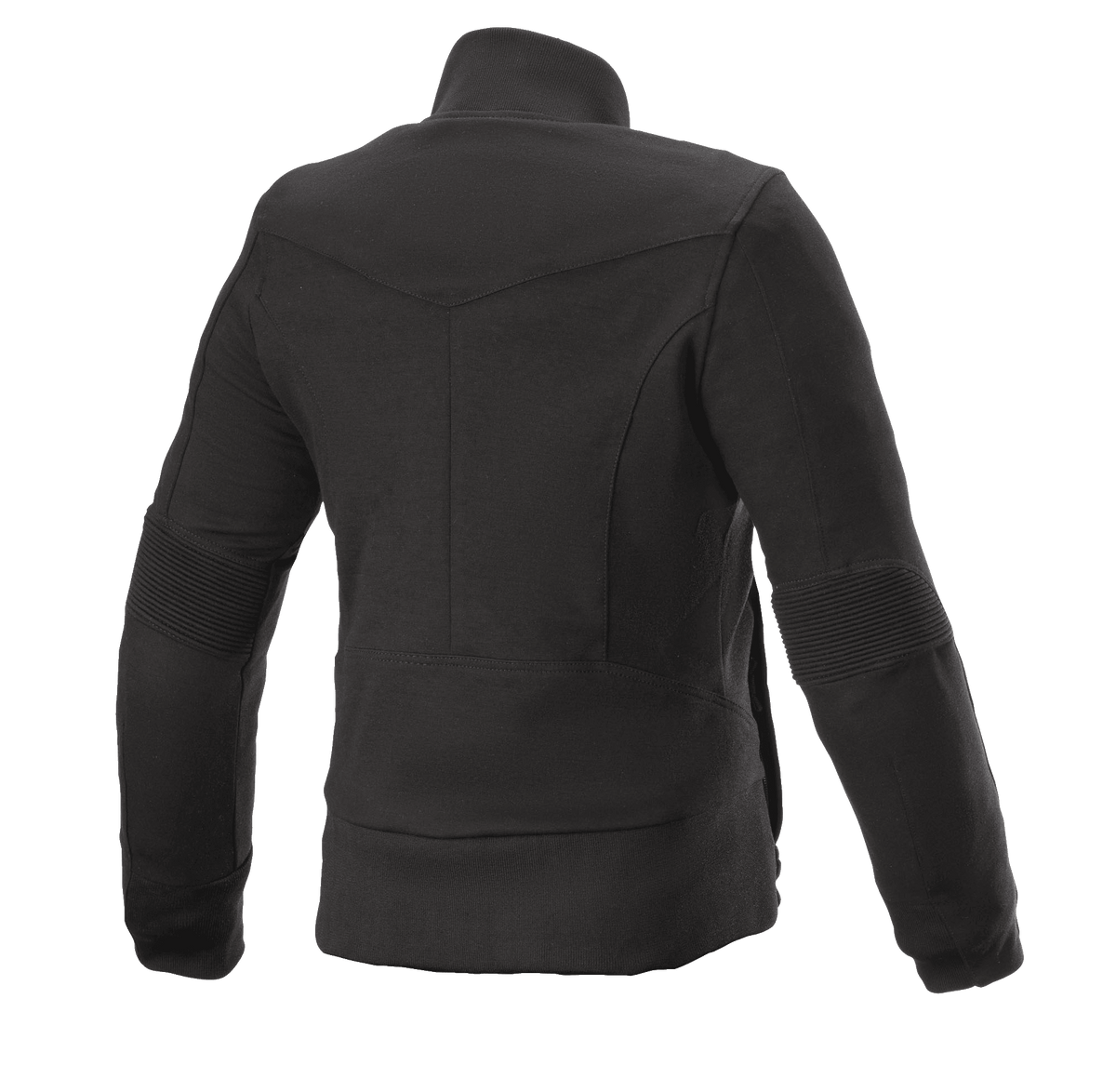 Alpinestars Polaire Banshee Femme, veste de moto pour femme, noir, vue de dos, construction en polaire décontractée avec empiècements côtelés aux coudes et bordure inférieure, conception au profil anatomique