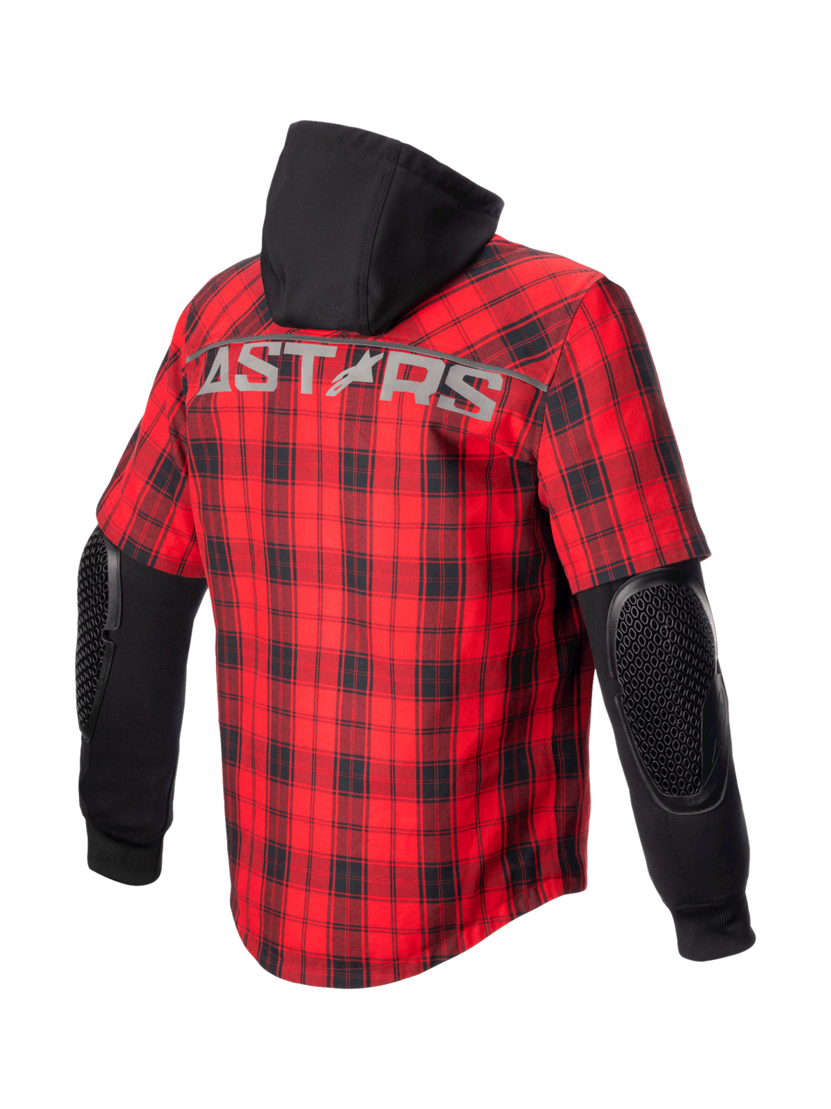 Chemise Alpinestars MO.ST.EQ Tartan pour homme, rouge et noire, protections de coudes apparentes, logo ASTARS au dos, capuche