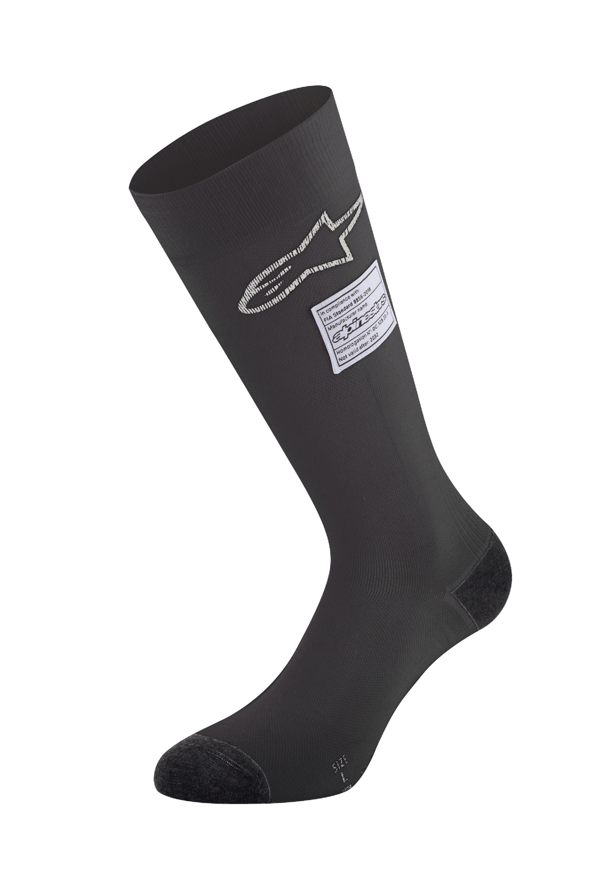 Chaussettes Alpinestars ZX V4, chaussettes de course automobile noires avec logo étoile blanc et étiquette de certification FIA, conception sans couture à hauteur du genou avec pointe et talon renforcés, couche de base ignifuge pour le sport automobile