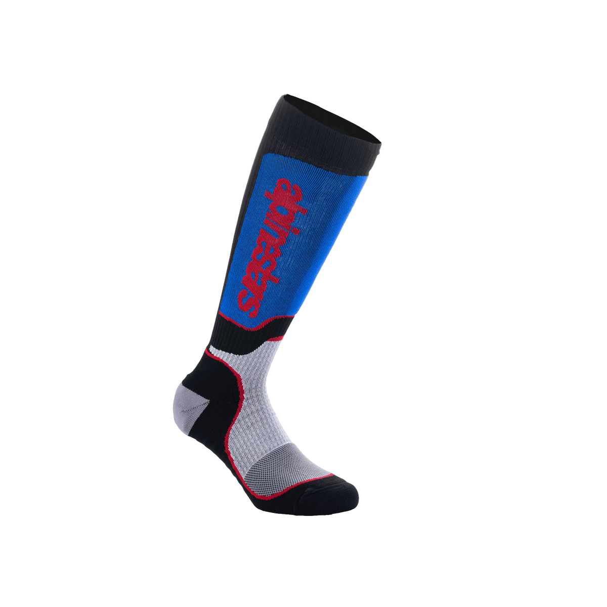 Alpinestars Youth MX Plus Socks, chaussettes de motocross hautes, noir, bleu roi et gris, avec un logo Alpinestars vertical rouge, coupe de compression nervurée avec talon et pointe renforcés, équipement de performance pour jeunes pilotes