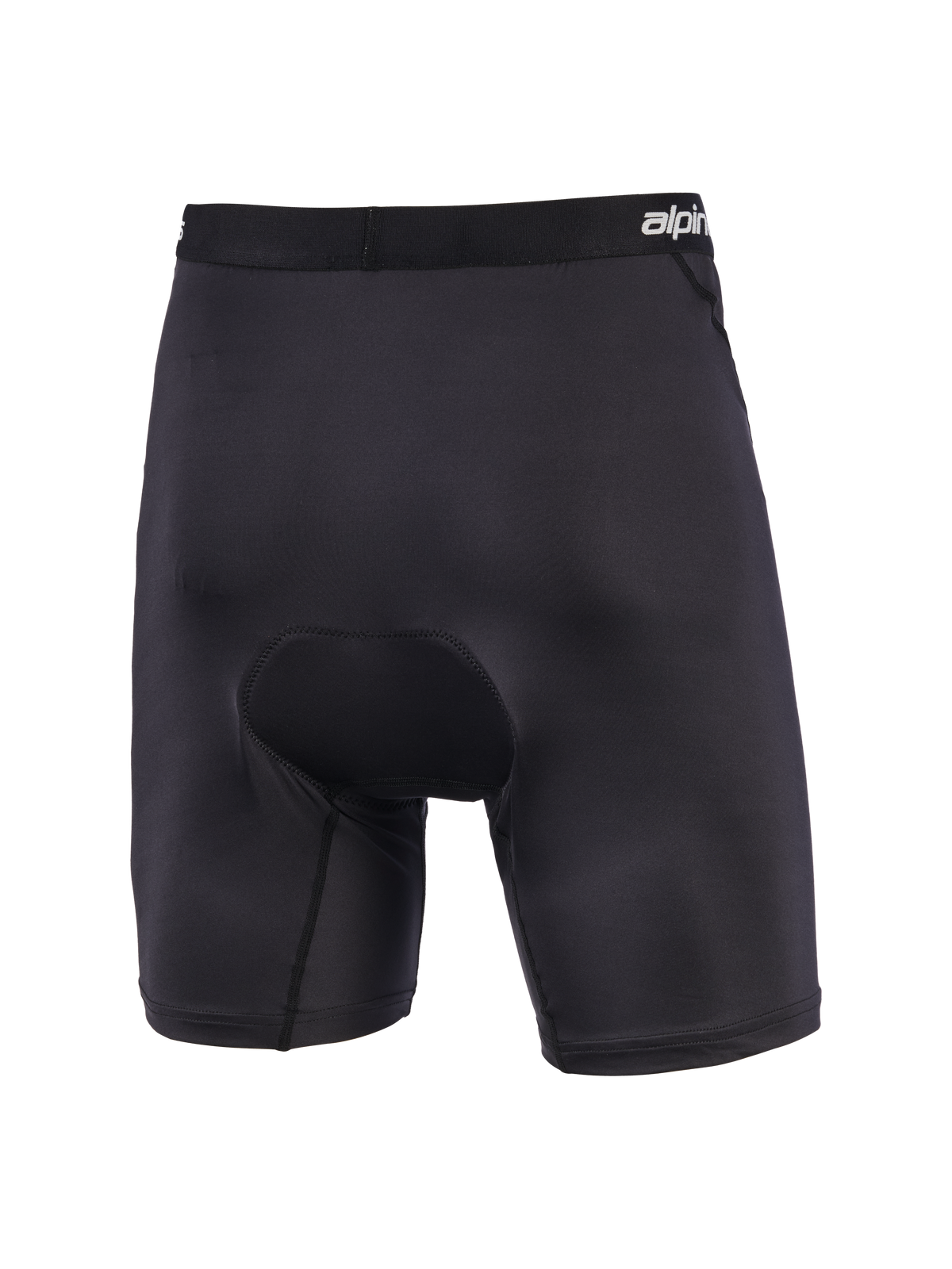 Alpinestars MX Boxer Padded, Black Motocross Padded Base Layer Shorts, rear view showing multi-density chamois seat padding, branded elastic waistband, ergonomic stretch construction for off-road riding comfort.