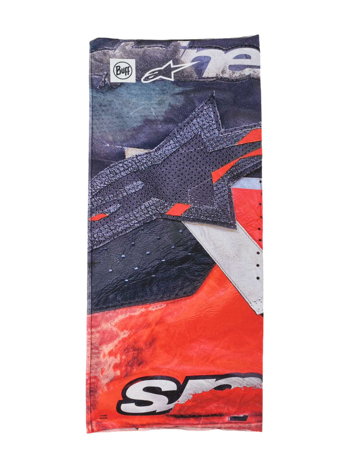 Alpinestars Buff Ignite Neck Tube, tour de cou multifonctionnel, noir et rouge vif avec détails blancs, arborant un large motif d'étoile, logos Alpinestars et Buff, design sportif pour la conduite à moto
