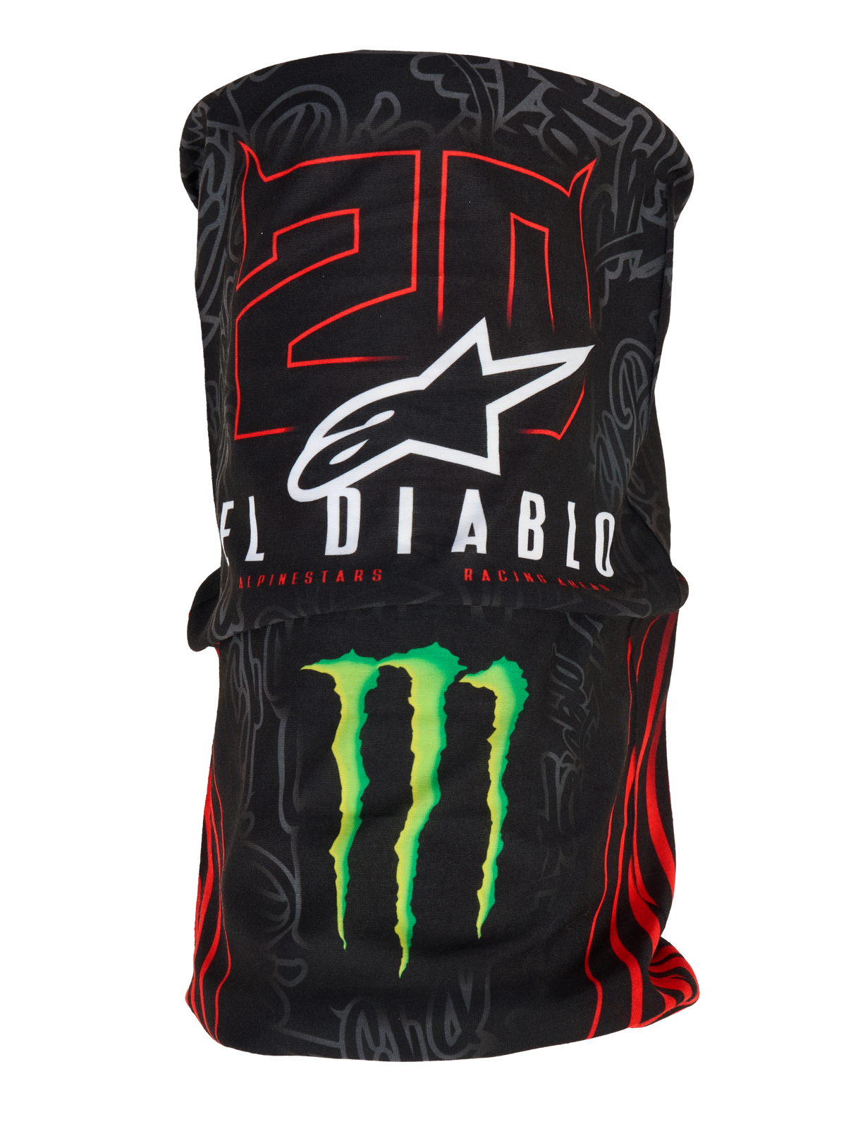 Alpinestars FQ20 Neck Tube Monster, tour de cou de moto léger, noir avec graphismes '20' rouges et 'El Diablo' blancs, logo Alpinestars blanc et griffe Monster Energy verte, accessoire inspiré de la course avec une texture textile soyeuse